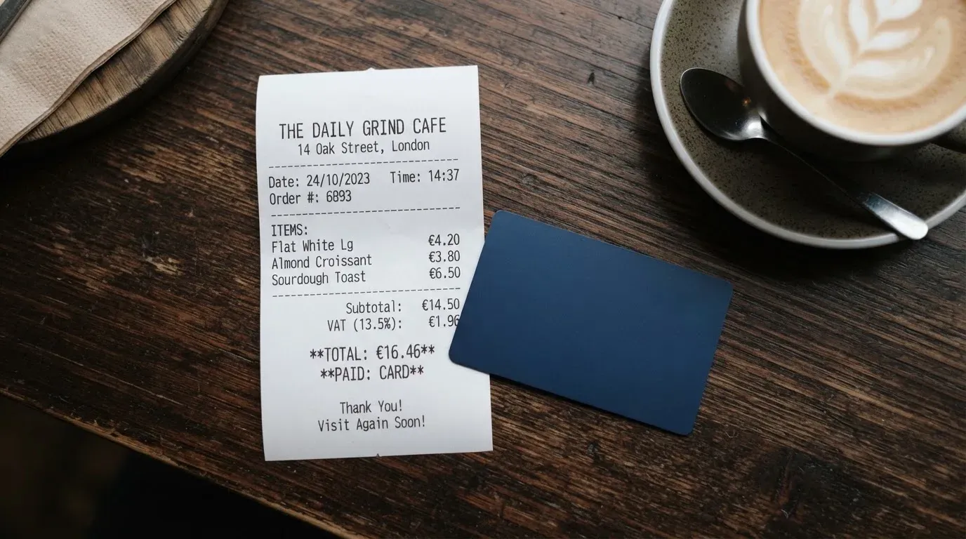 A receipt and a card on a café table