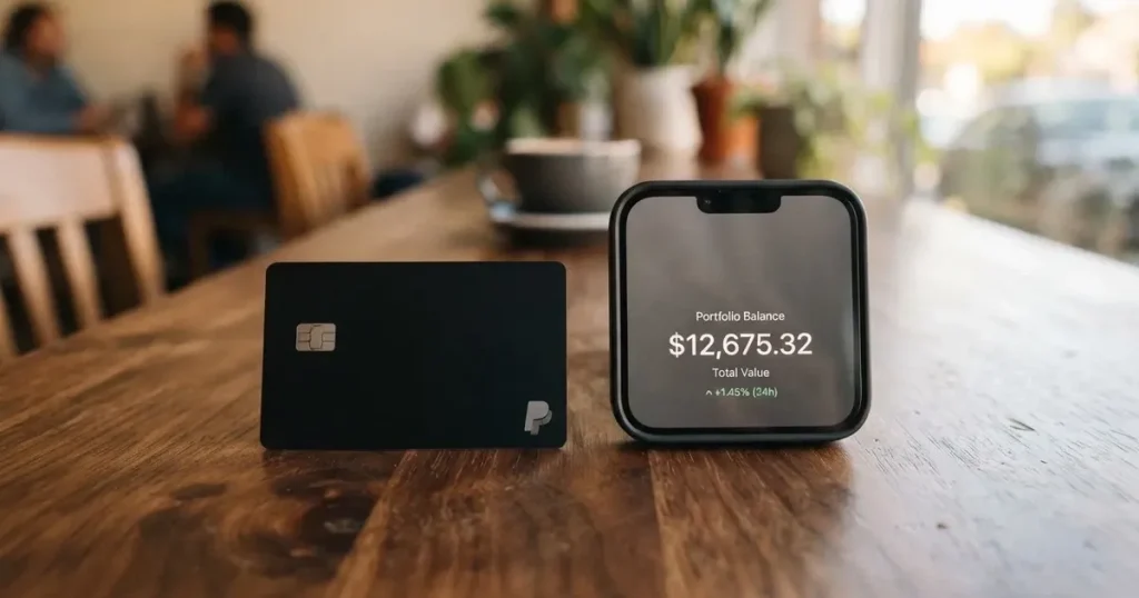 A payment card next to a phone with a crypto wallet app open