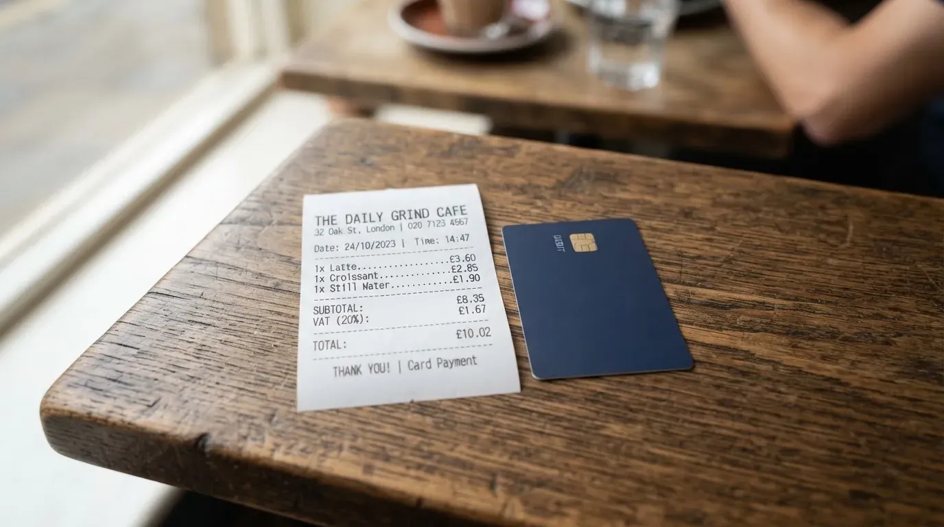 A receipt and a card on a café table