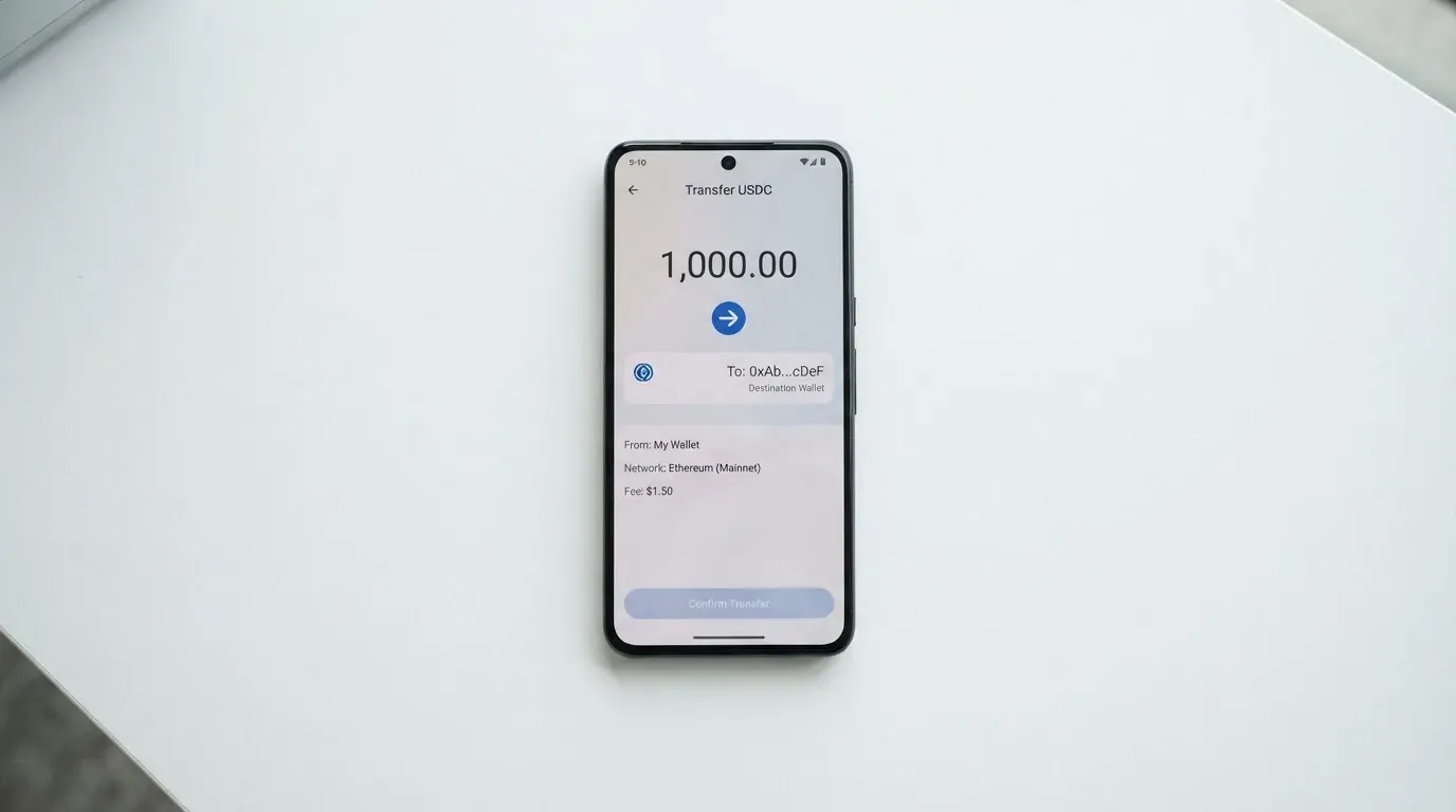 A phone showing a stablecoin transfer screen