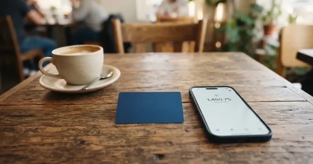 A payment card next to a phone with a crypto wallet app open