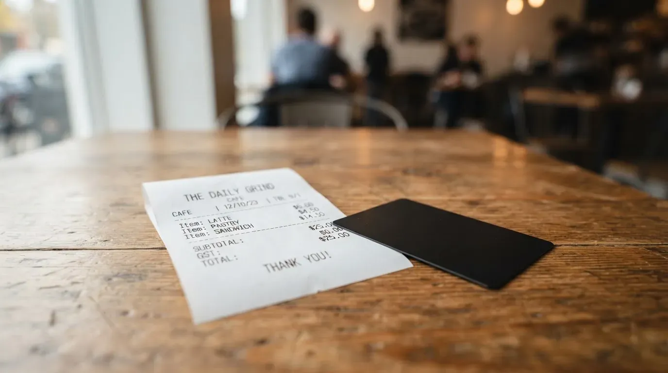 A receipt and a card on a café table