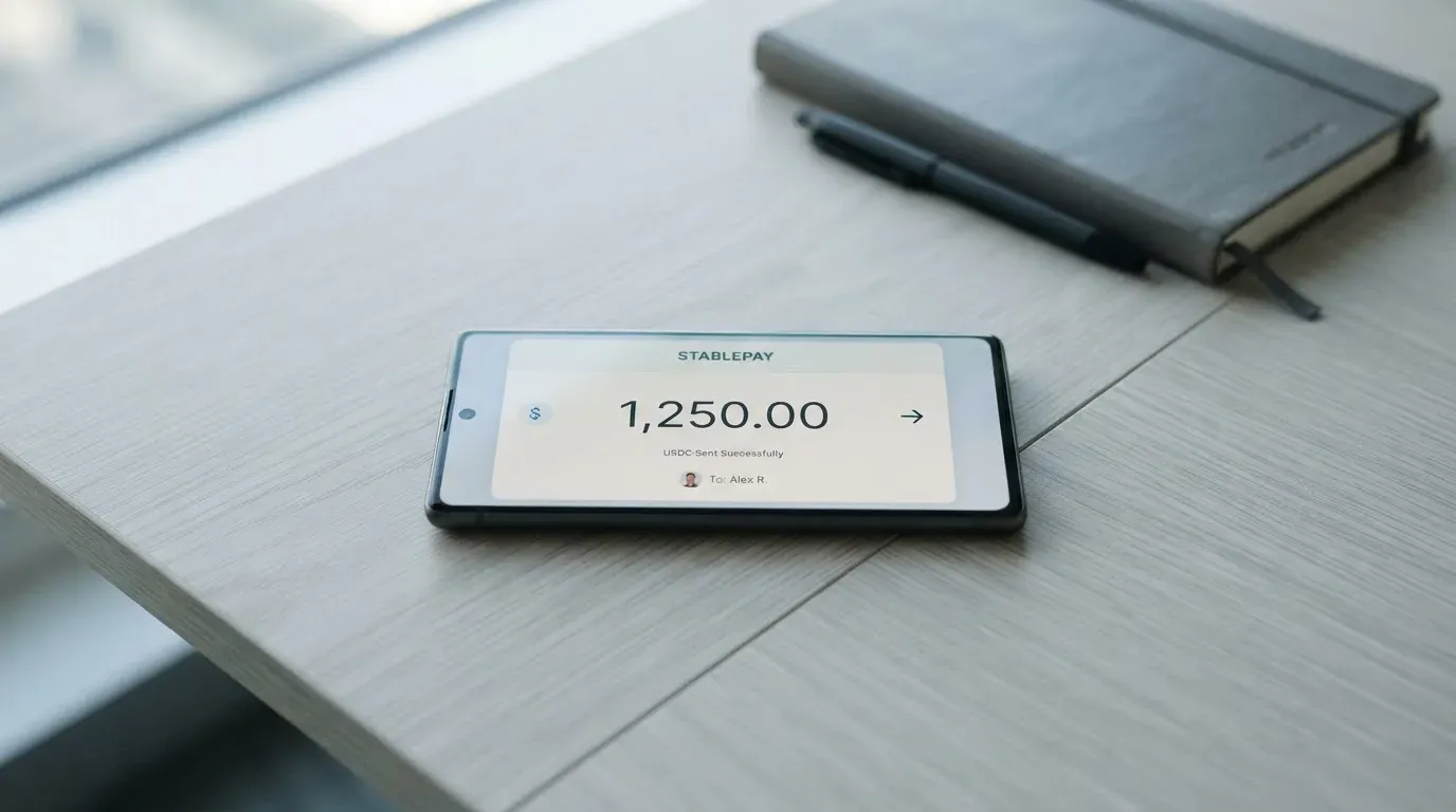 A phone showing a stablecoin transfer screen