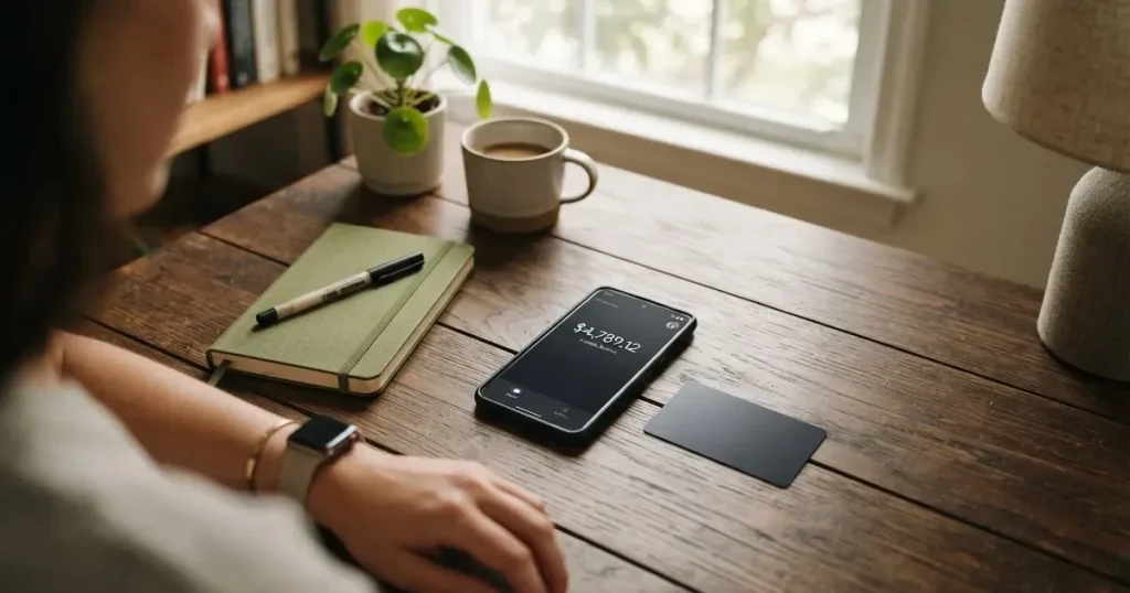 A payment card next to a phone with a crypto wallet app open