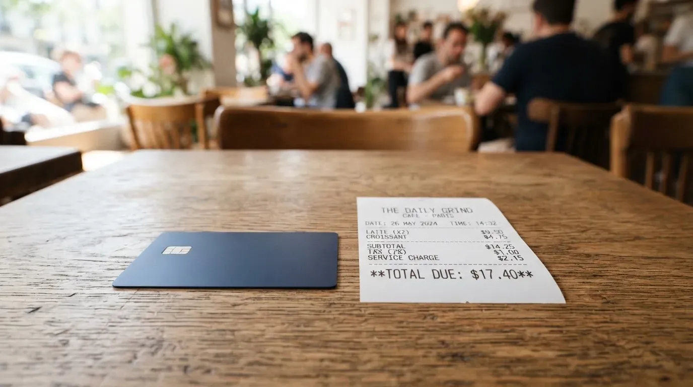 A receipt and a card on a café table