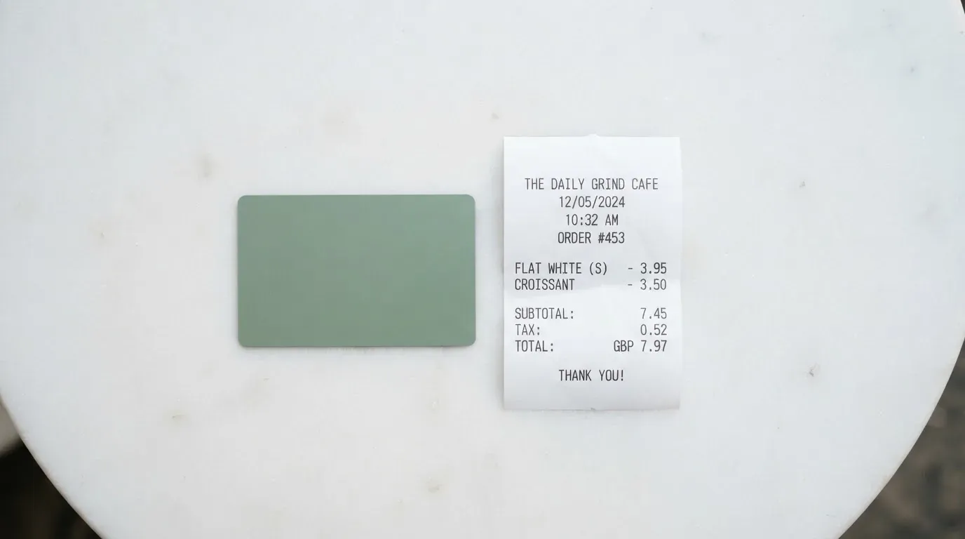 A receipt and a card on a café table