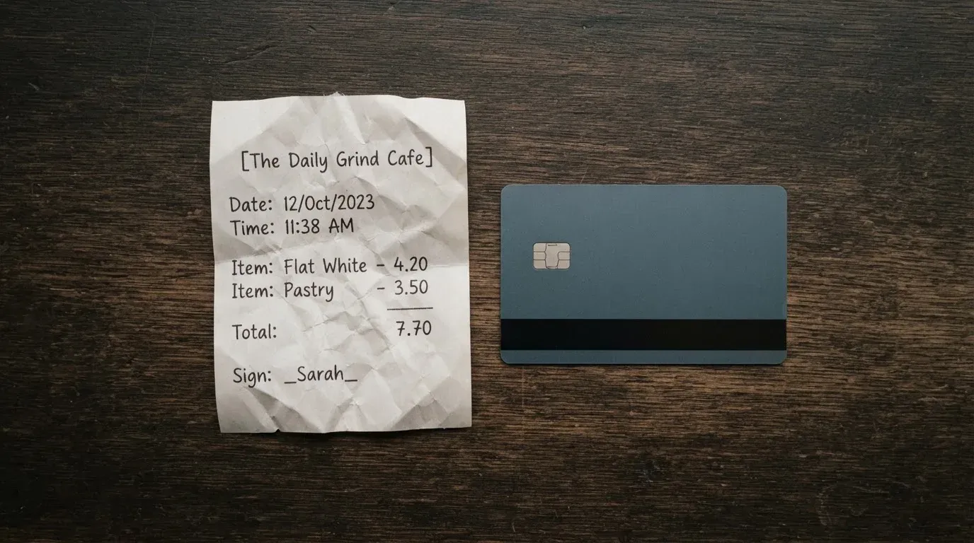 A receipt and a card on a café table