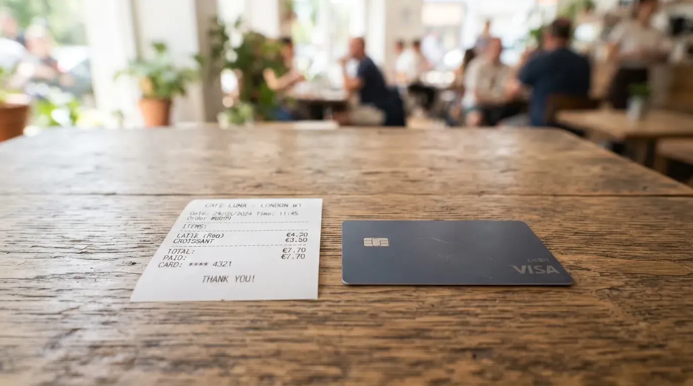 A receipt and a card on a café table
