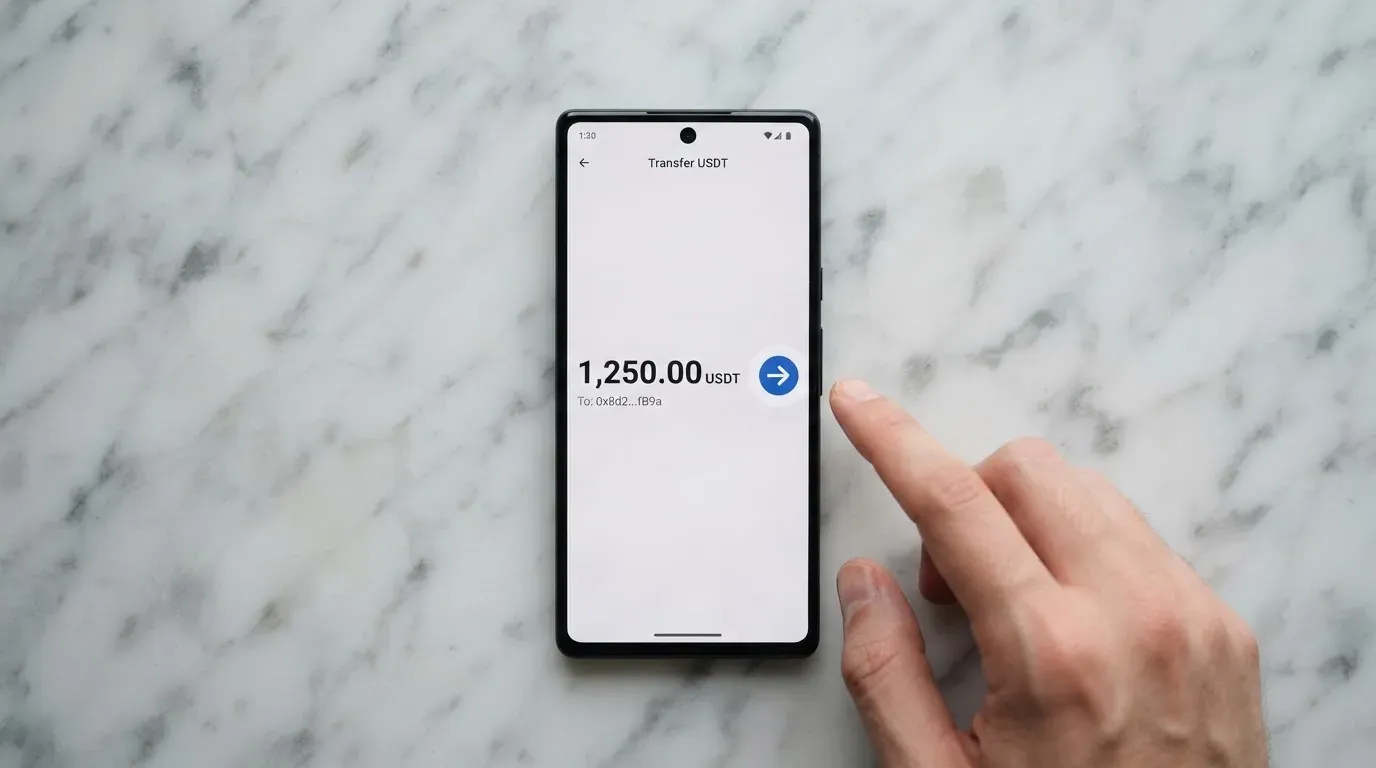 A phone showing a stablecoin transfer screen