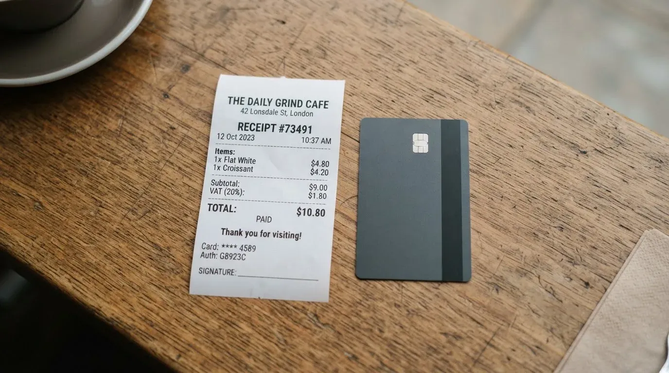 A receipt and a card on a café table