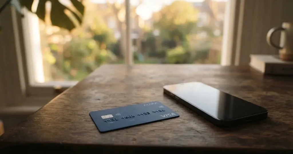 A payment card next to a phone with a crypto wallet app open