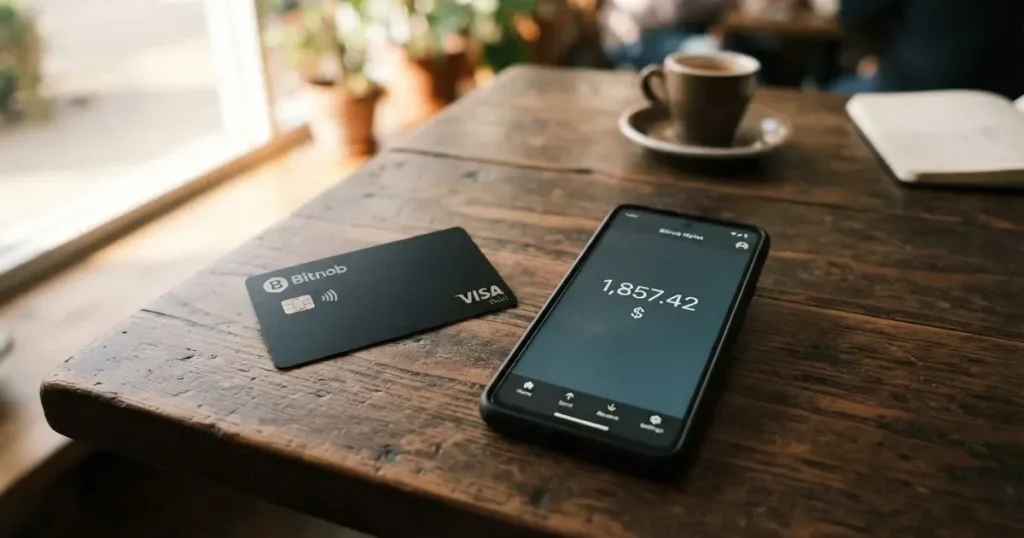 A payment card next to a phone with a crypto wallet app open