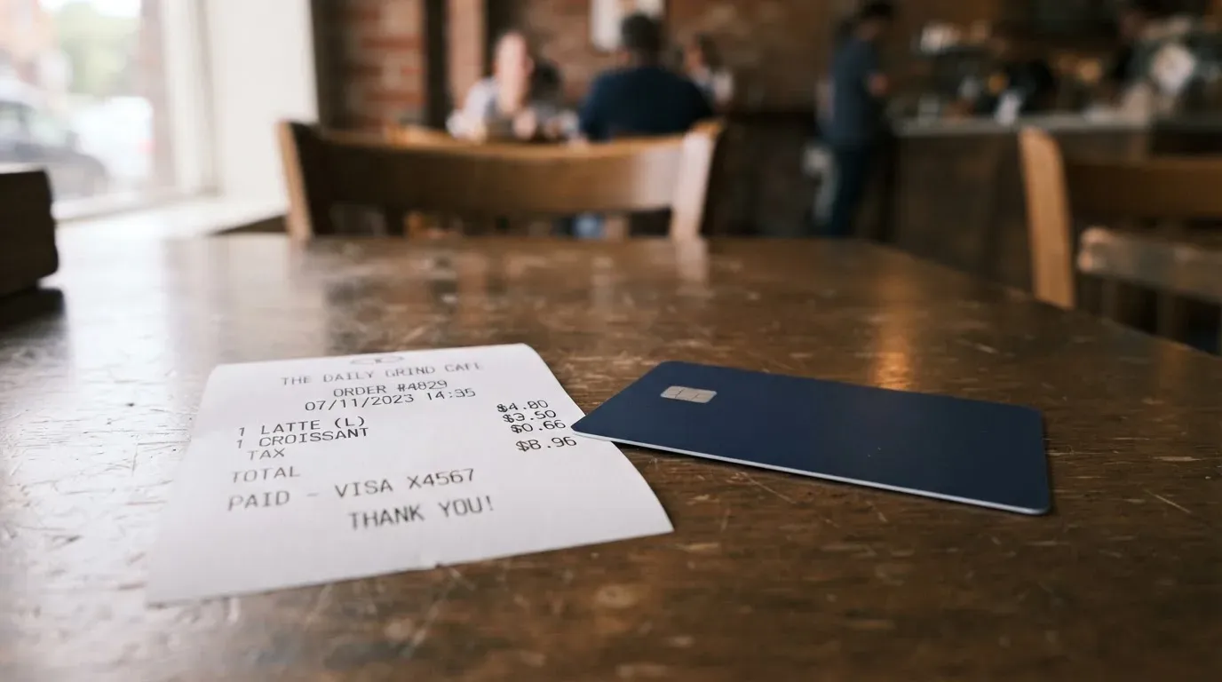 A receipt and a card on a café table