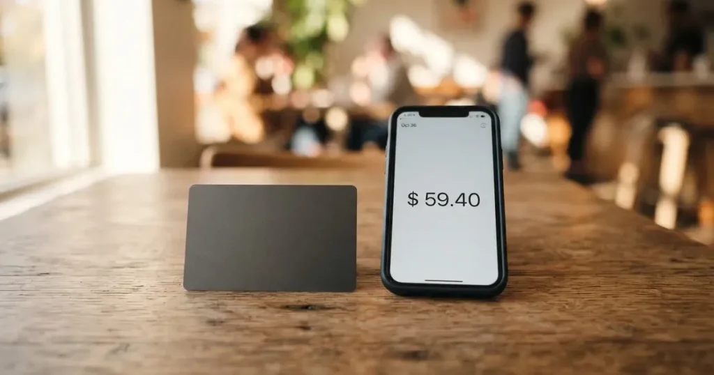 A payment card next to a phone with a crypto wallet app open