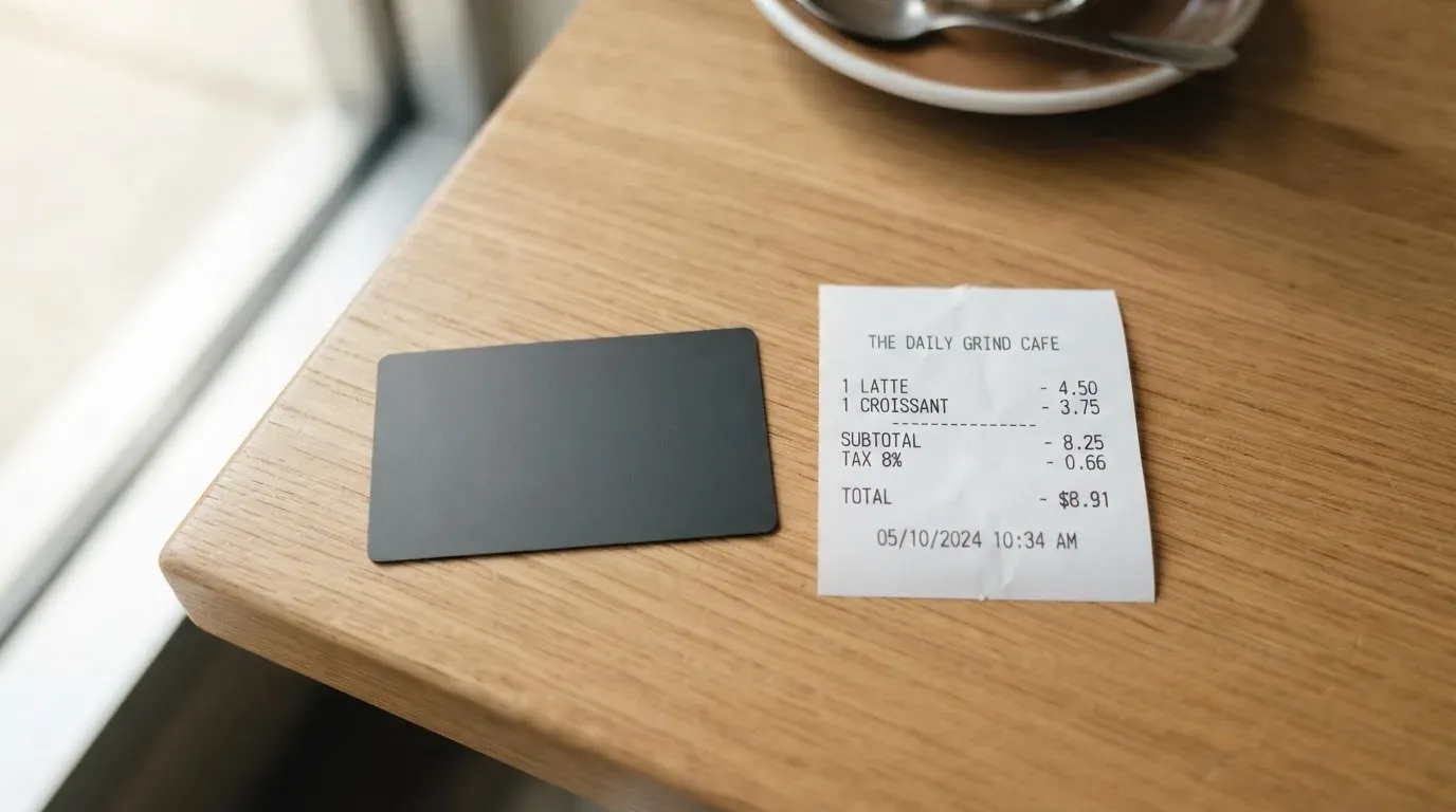 A receipt and a card on a café table
