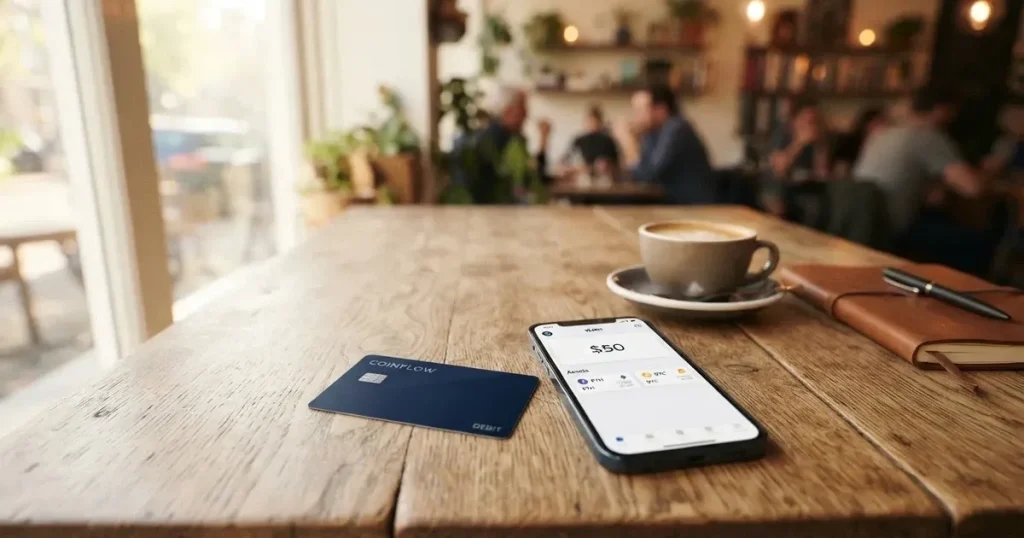 A payment card next to a phone with a crypto wallet app open