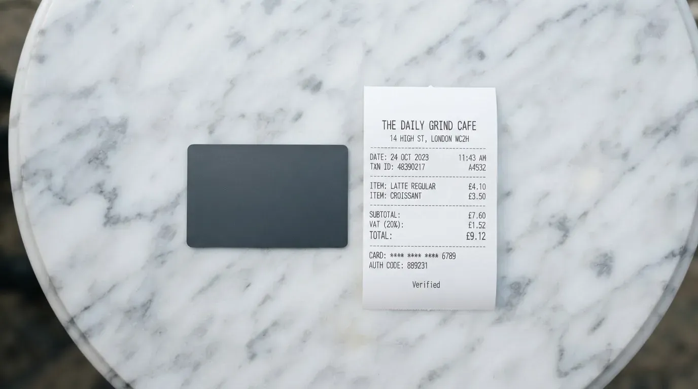A receipt and a card on a café table