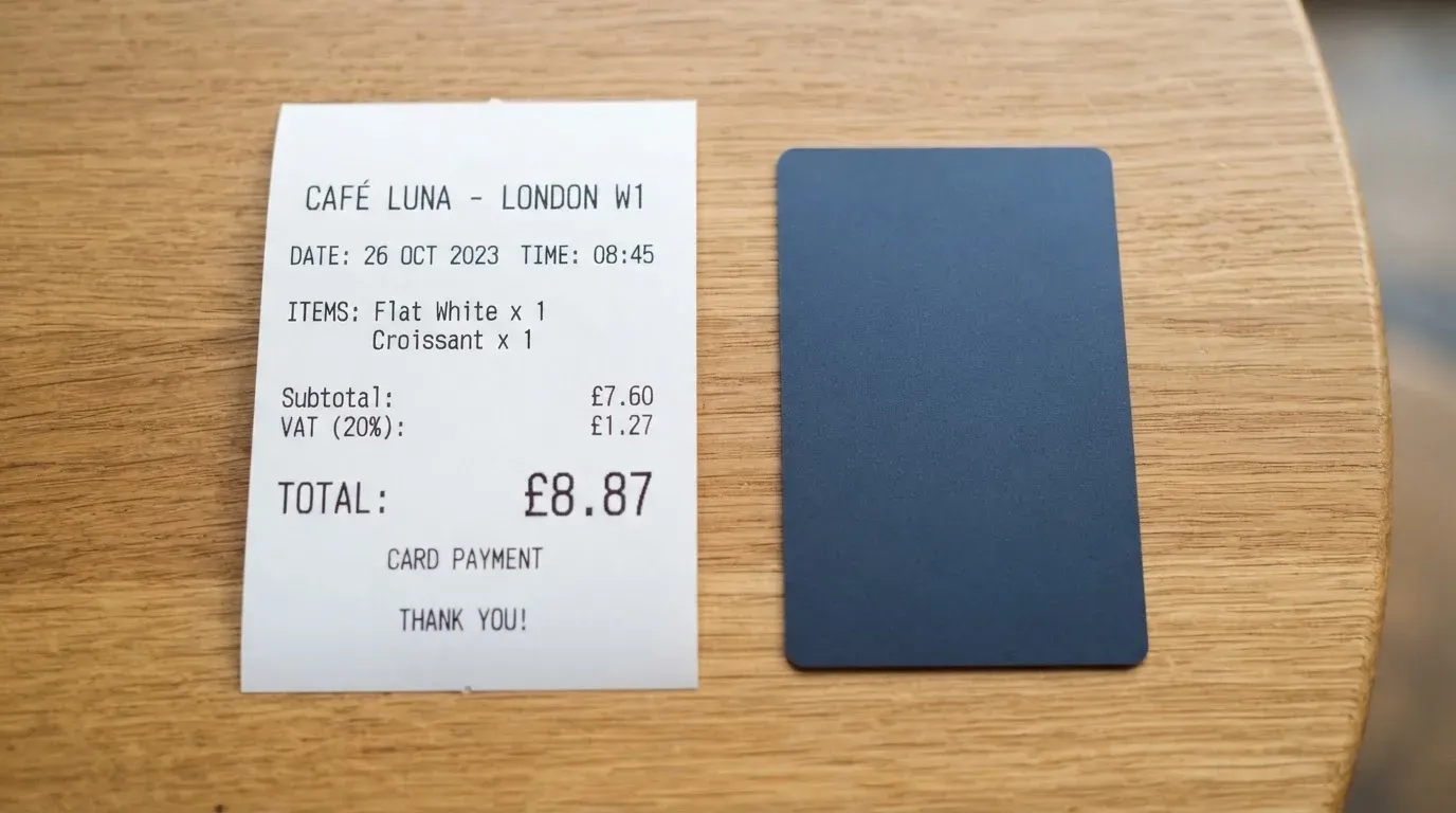 A receipt and a card on a café table