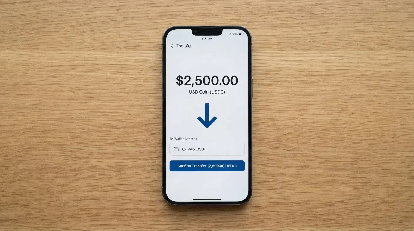 A phone showing a stablecoin transfer screen