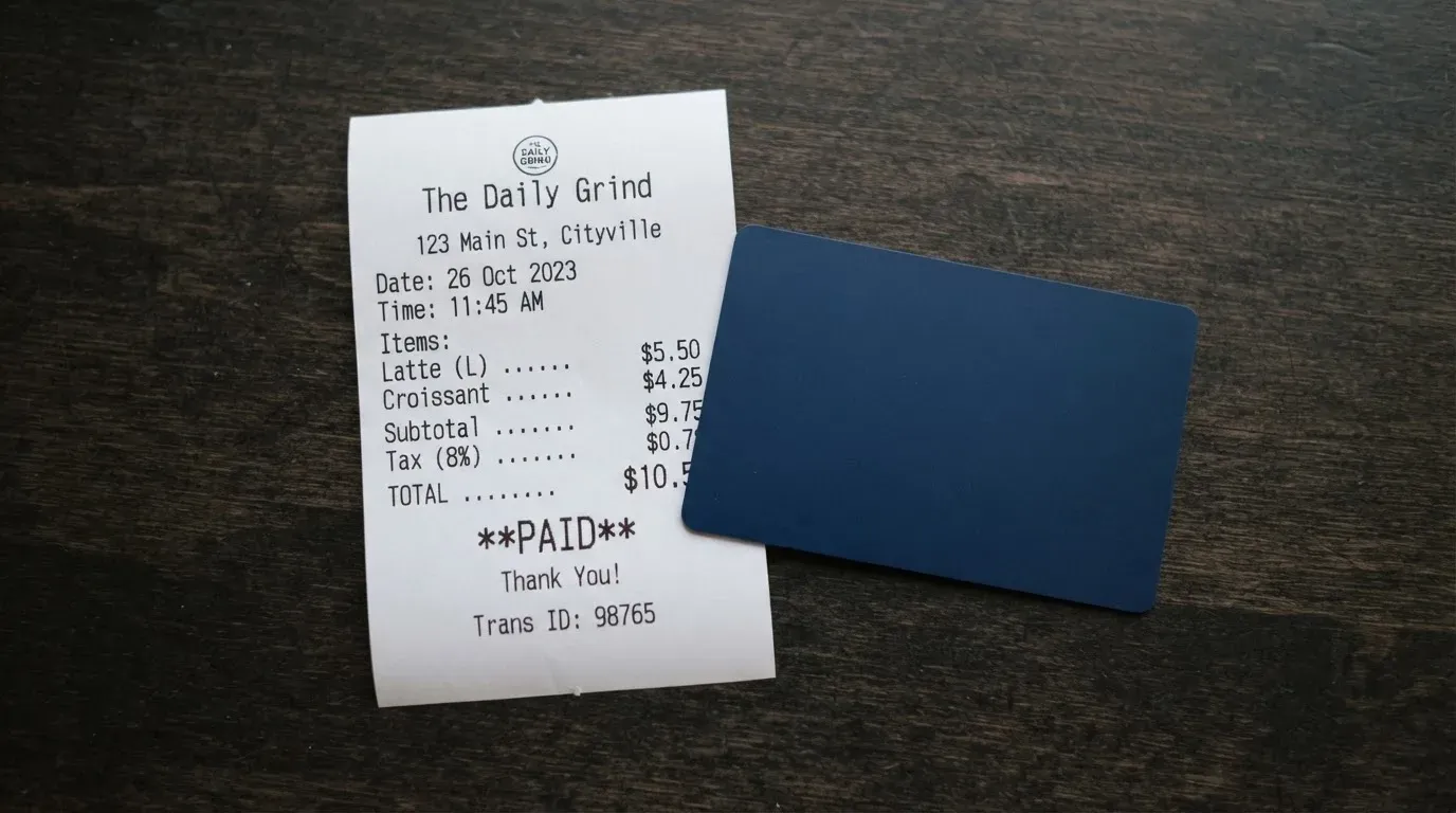 A receipt and a card on a café table