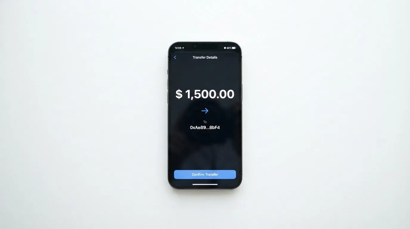A phone showing a stablecoin transfer screen