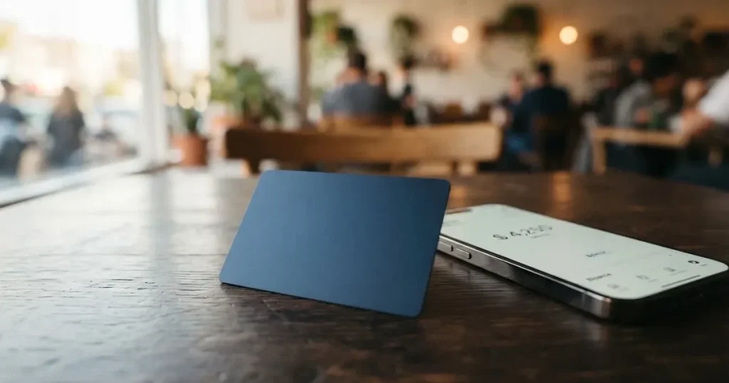 A payment card next to a phone with a crypto wallet app open
