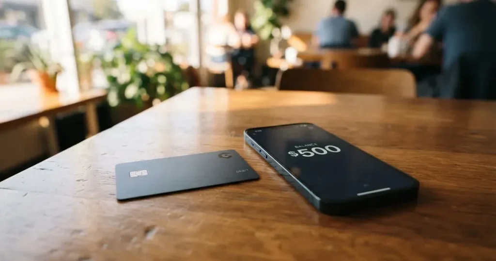 A payment card next to a phone with a crypto wallet app open