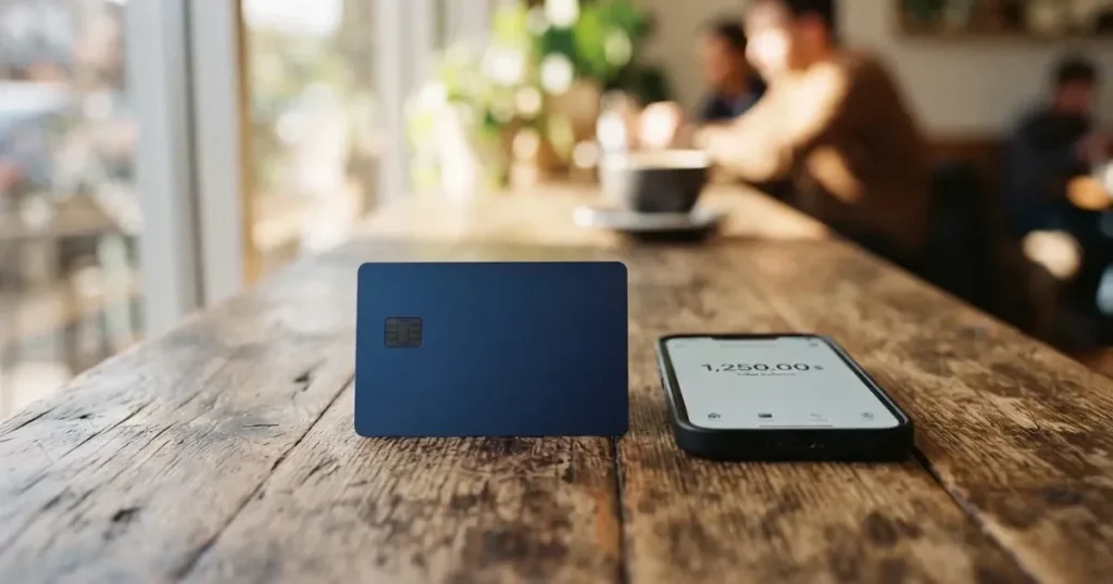 A payment card next to a phone with a crypto wallet app open