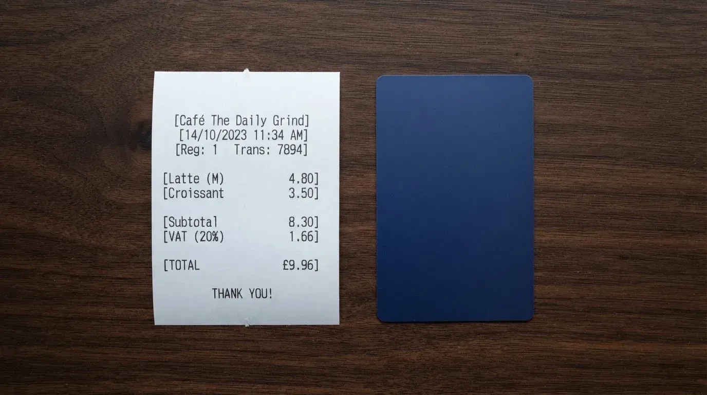 A receipt and a card on a café table
