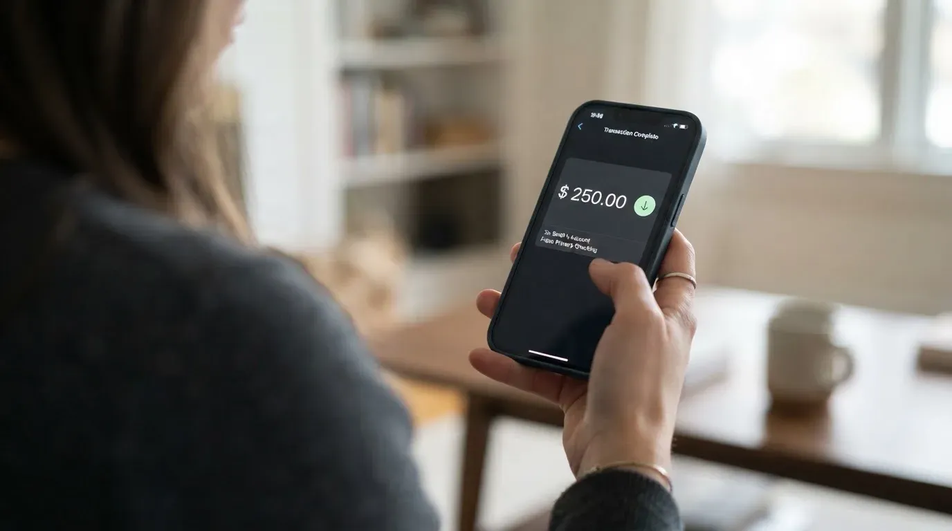 A phone showing a stablecoin transfer screen