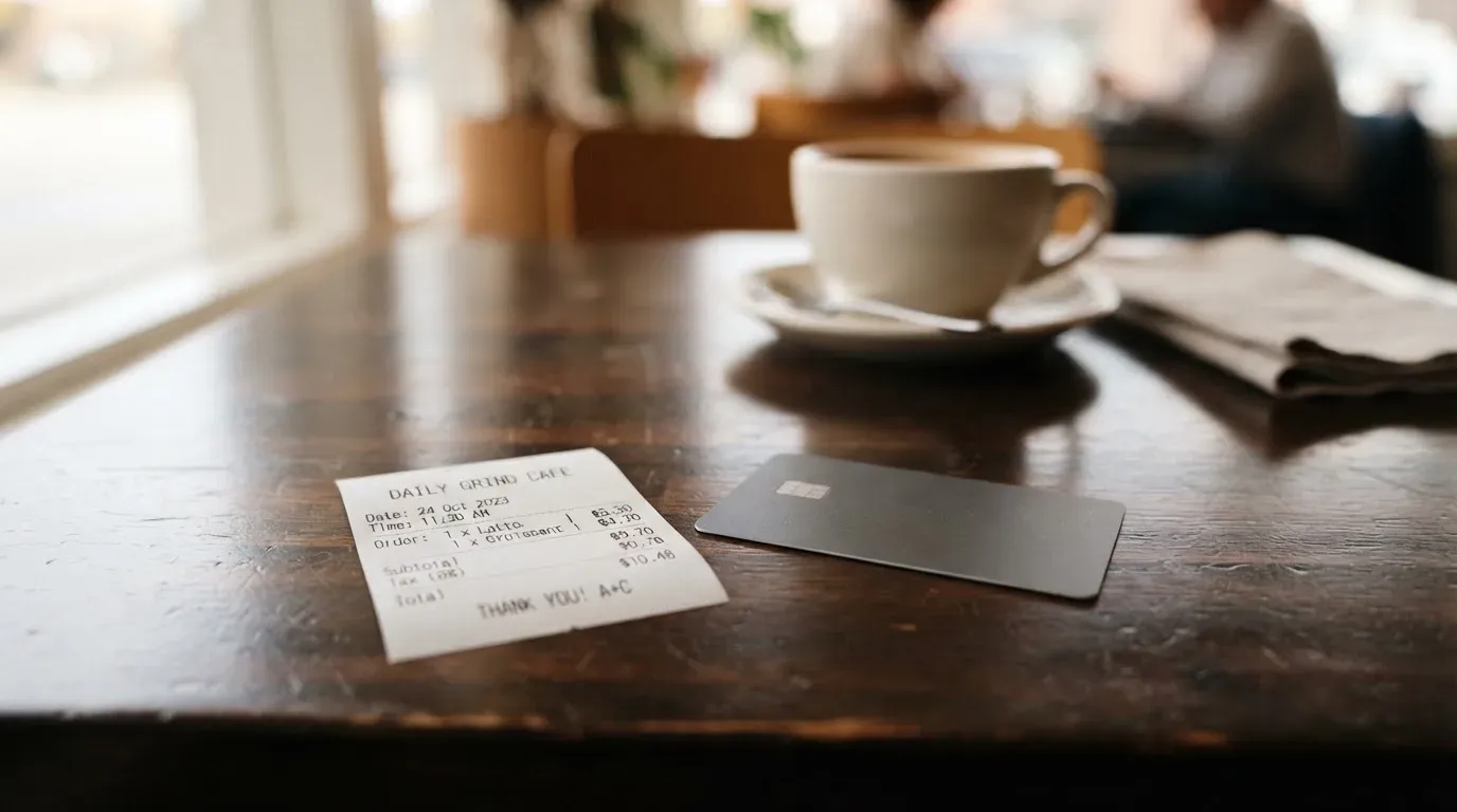 A receipt and a card on a café table