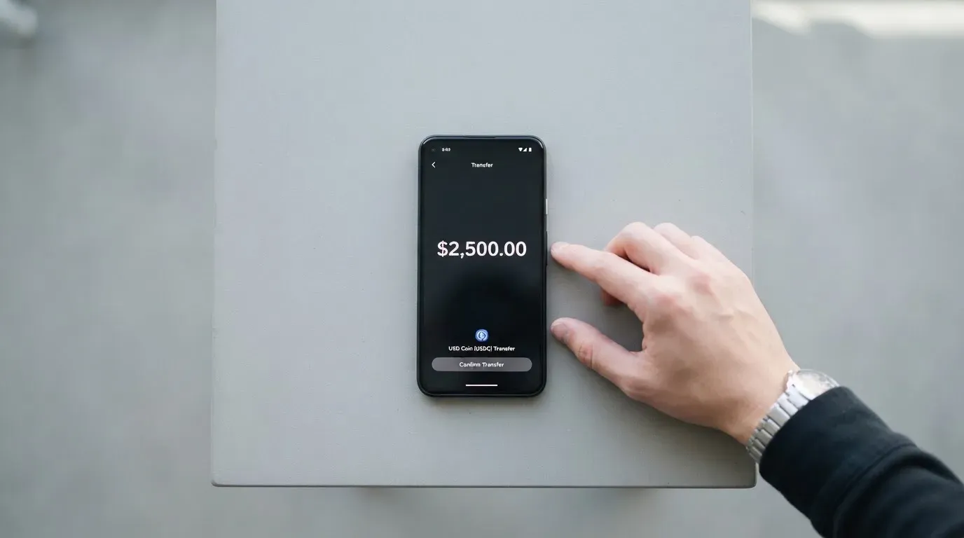 A phone showing a stablecoin transfer screen