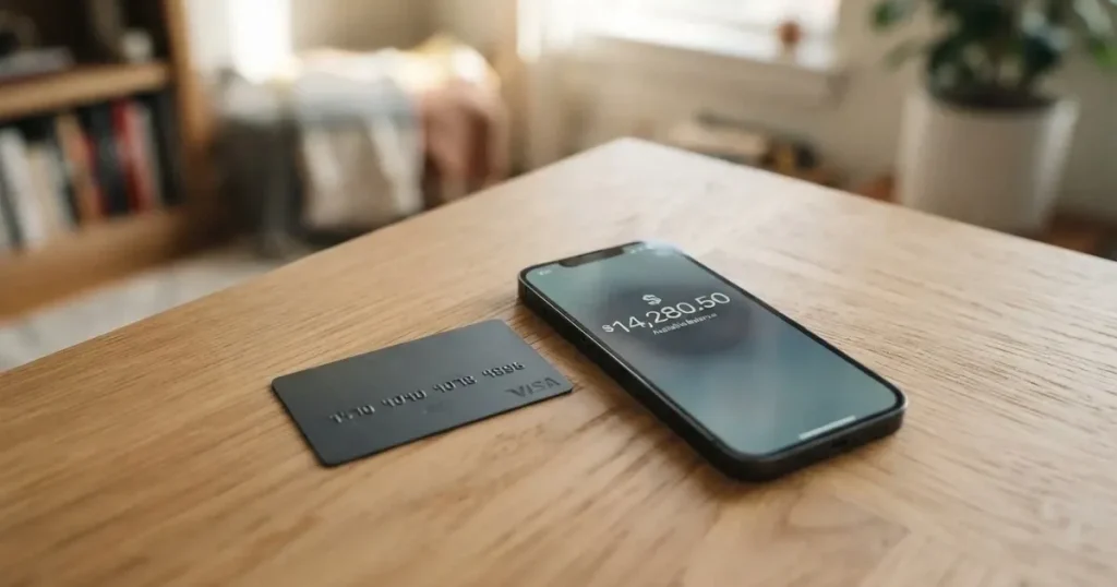 A payment card next to a phone with a crypto wallet app open