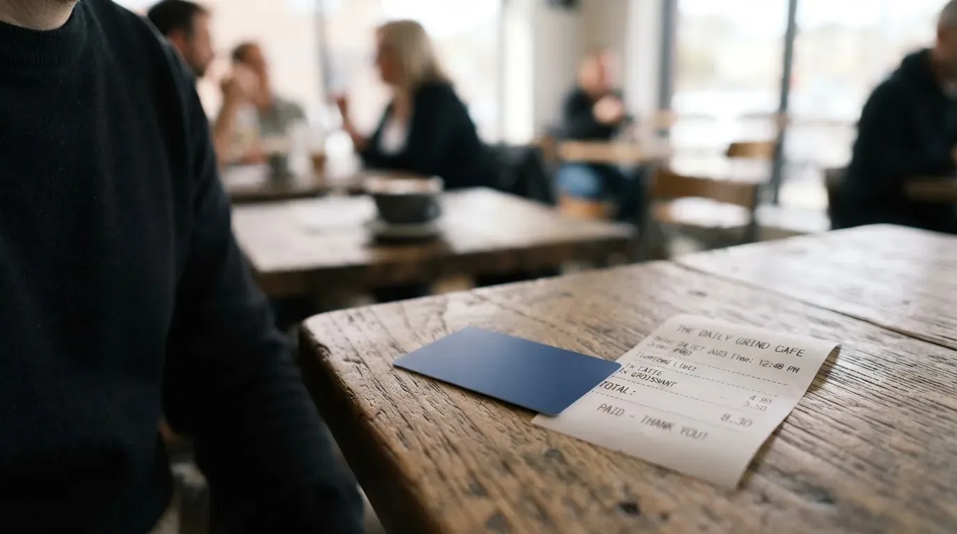 A receipt and a card on a café table