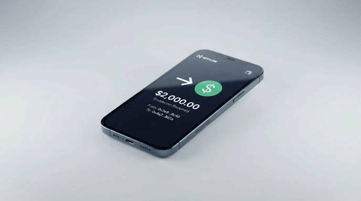A phone showing a stablecoin transfer screen