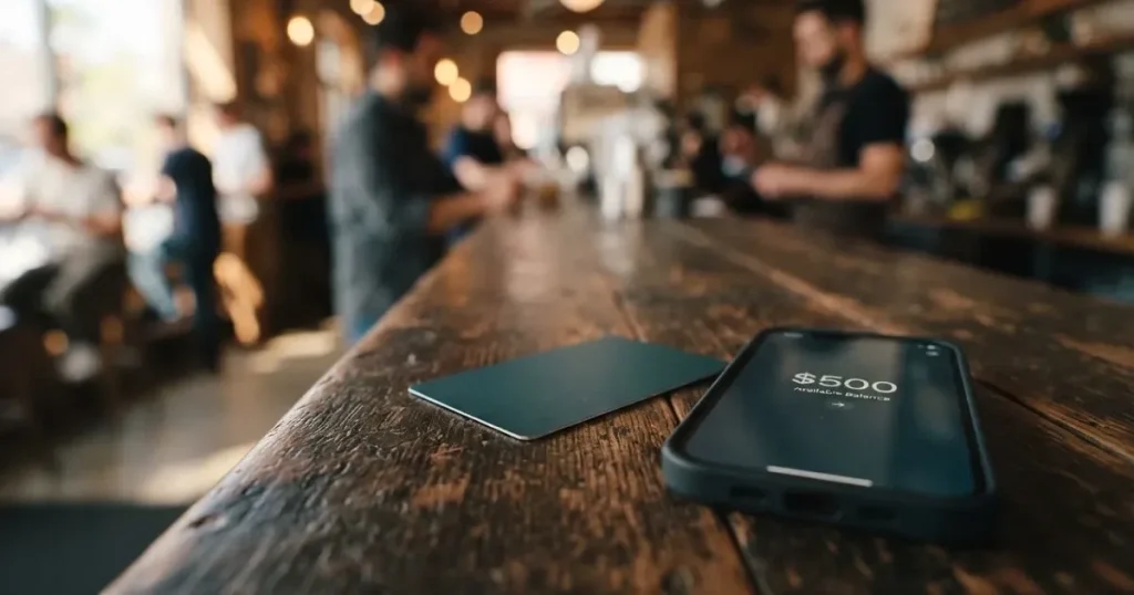 A payment card next to a phone with a crypto wallet app open