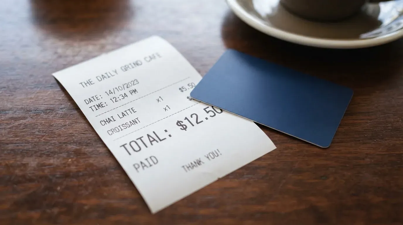A receipt and a card on a café table