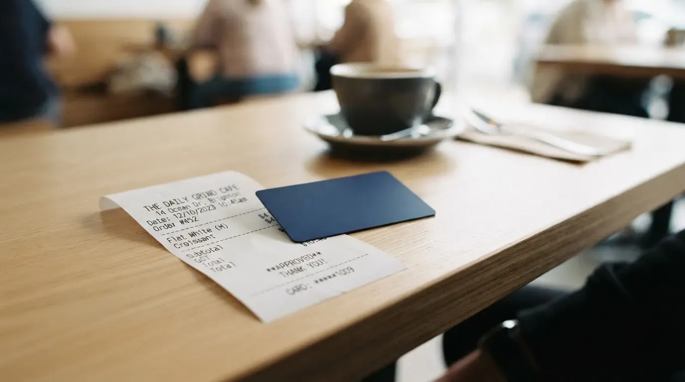 A receipt and a card on a café table