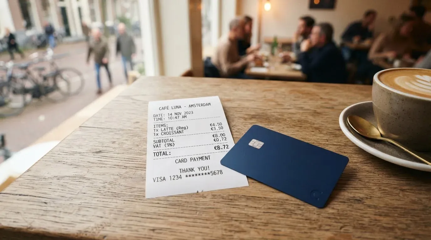 A receipt and a card on a café table