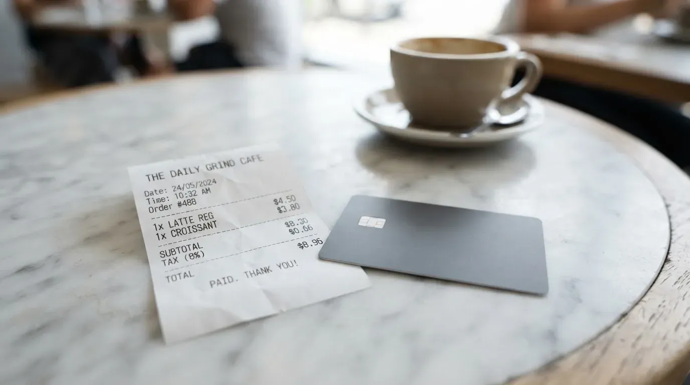 A receipt and a card on a café table