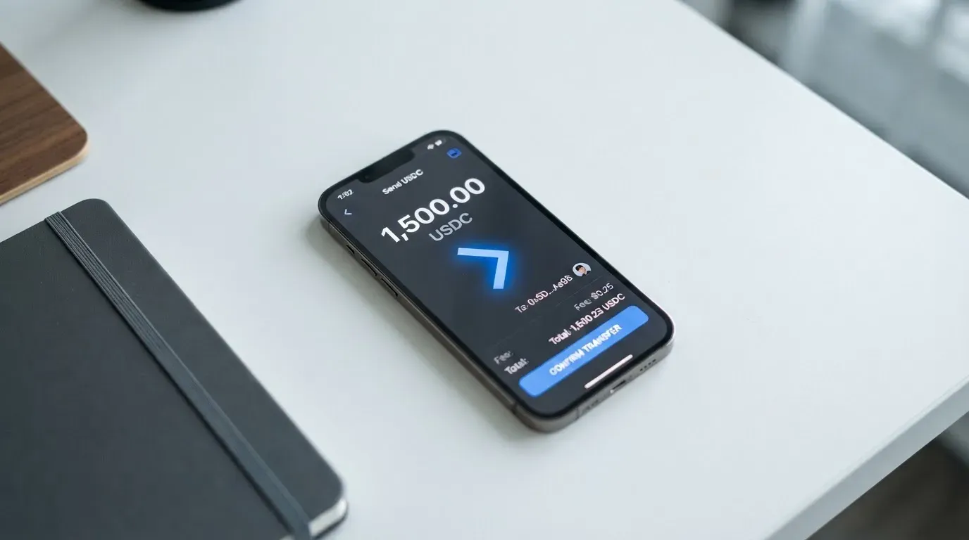 A phone showing a stablecoin transfer screen