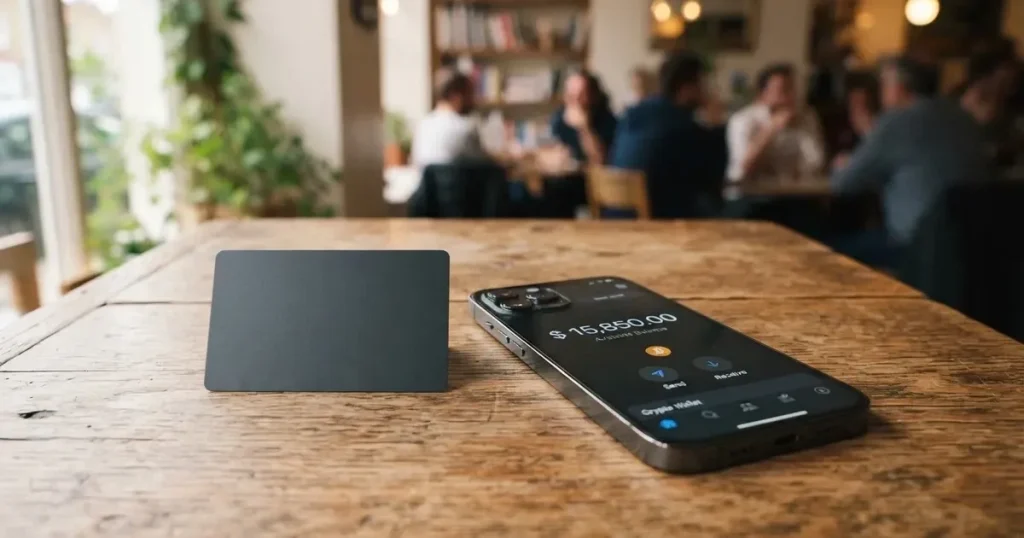 A payment card next to a phone with a crypto wallet app open
