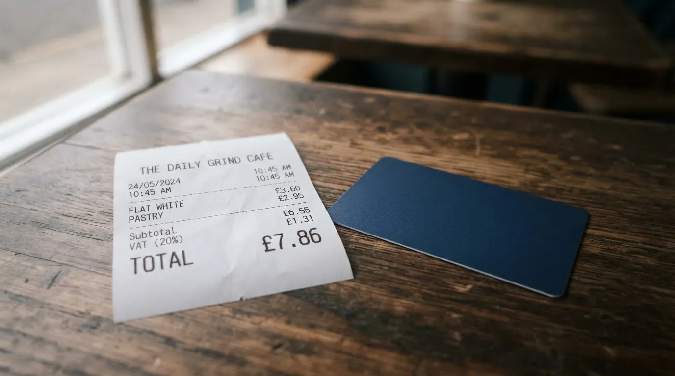 A receipt and a card on a café table