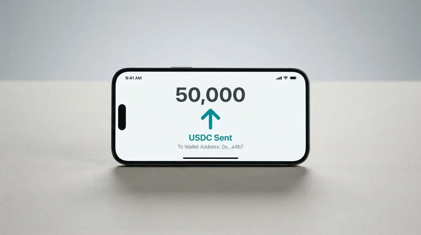 A phone showing a stablecoin transfer screen