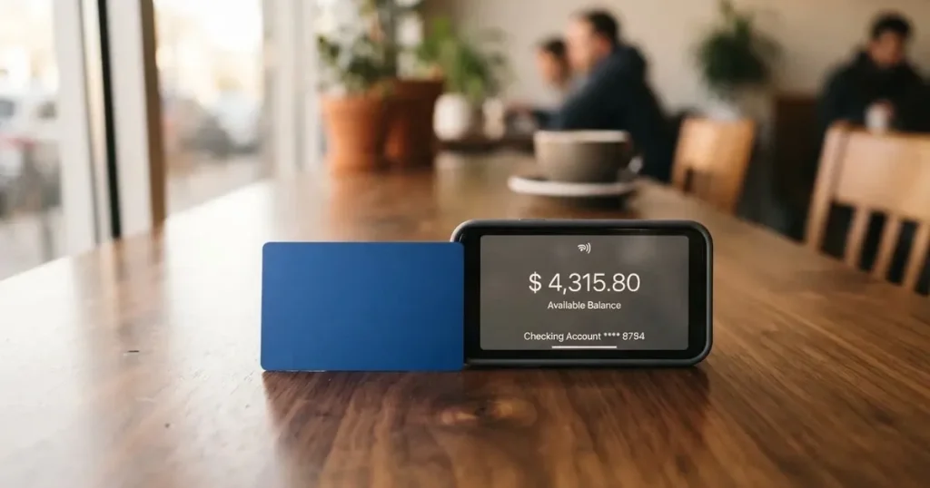 A payment card next to a phone with a crypto wallet app open