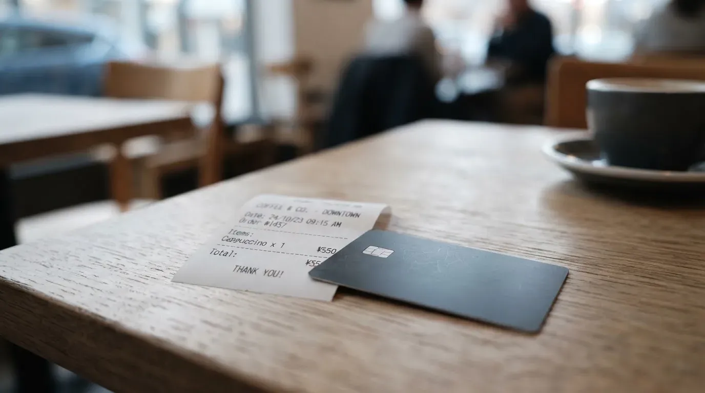 A receipt and a card on a café table