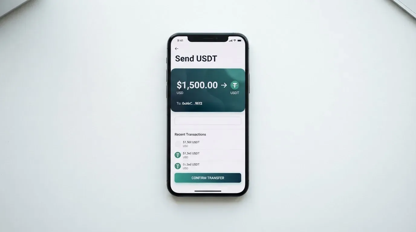 A phone showing a stablecoin transfer screen