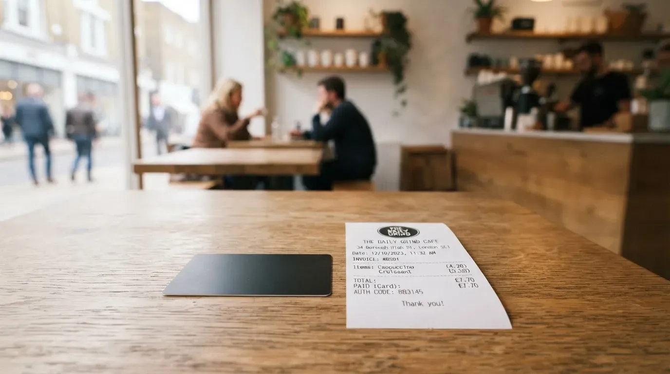 A receipt and a card on a café table