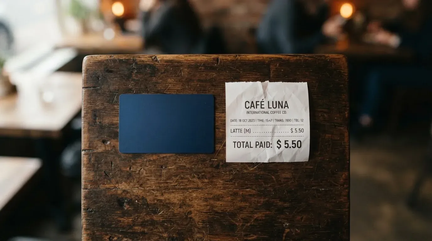A receipt and a card on a café table