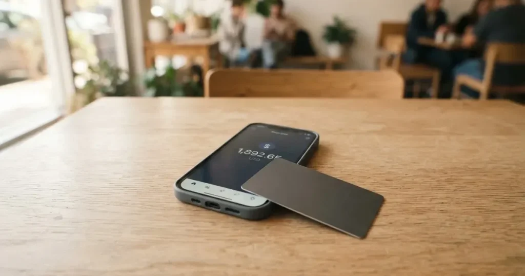 A payment card next to a phone with a crypto wallet app open